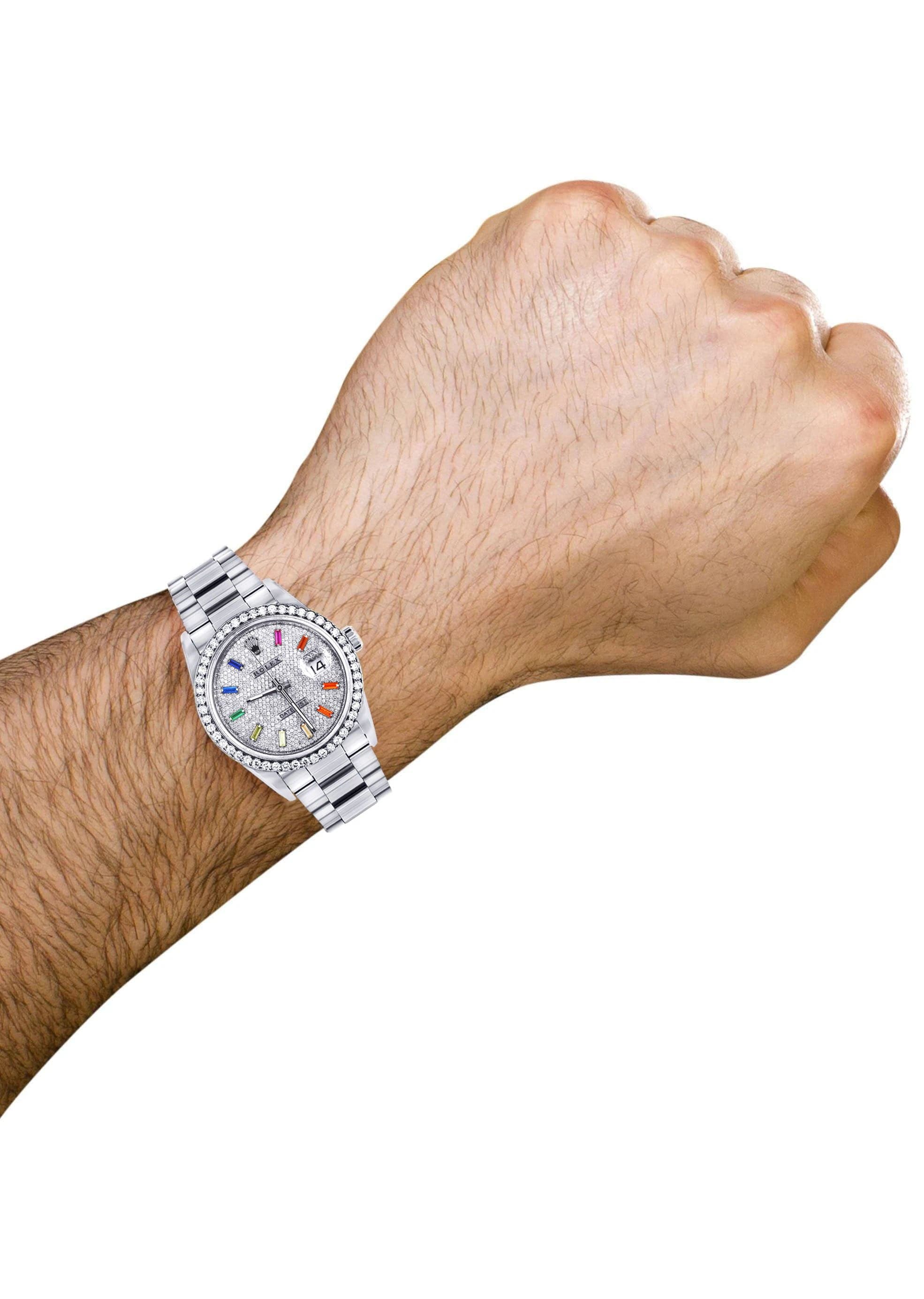 Diamond Mens Rolex Datejust Watch 16200  | 36MM | Full Diamond Color Baguettes Dial | Oyster Band - Image 4