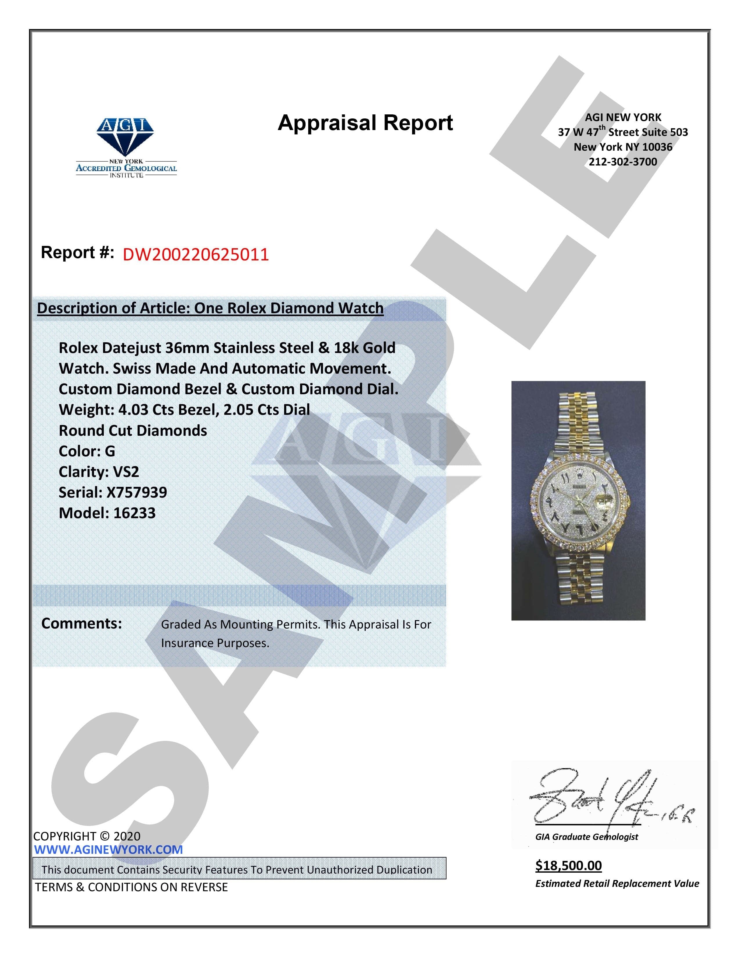 Diamond Mens Rolex Datejust Watch 16200  | 36MM | Full Diamond Color Baguettes Dial | Oyster Band - Image 8