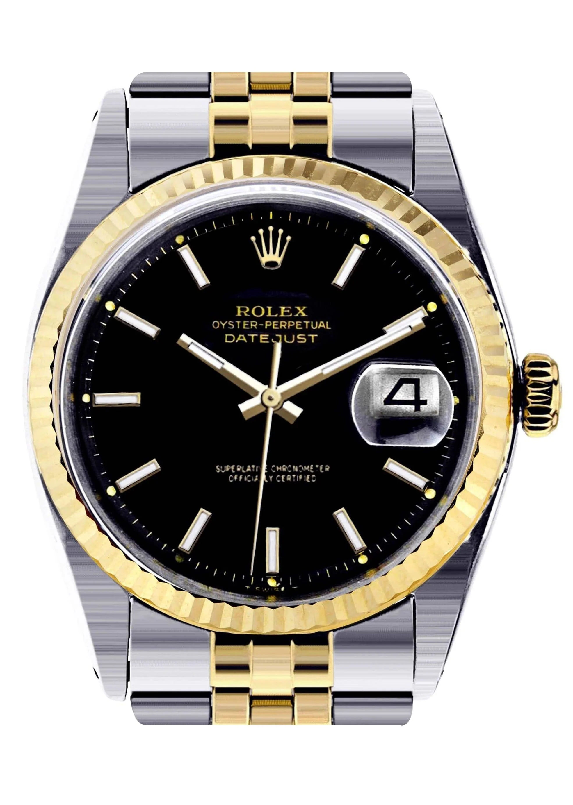 Diamond Rolex Datejust | 18K Yellow Gold and Stainless Steel | Fluted Gold Bezel | 36 MM | Black Stick Dial