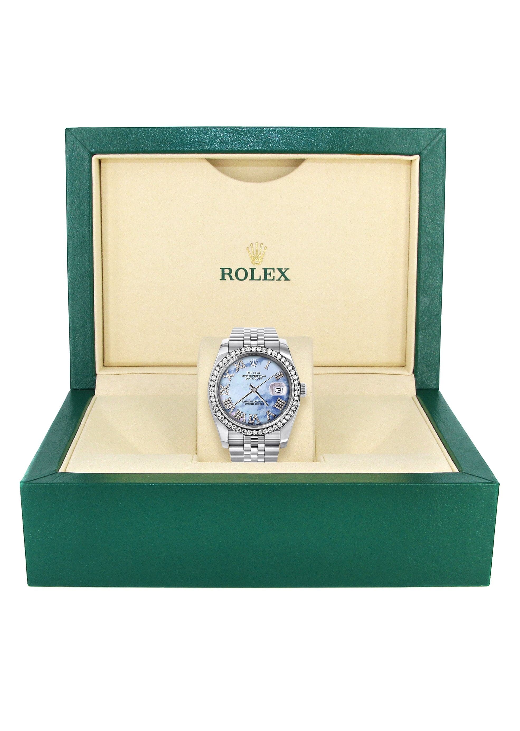 116200 | Hidden Clasp | Diamond Rolex Datejust Watch | 36Mm | Blue Mother Of Pearl Roman Numeral Dial | Jubilee Band - Image 6