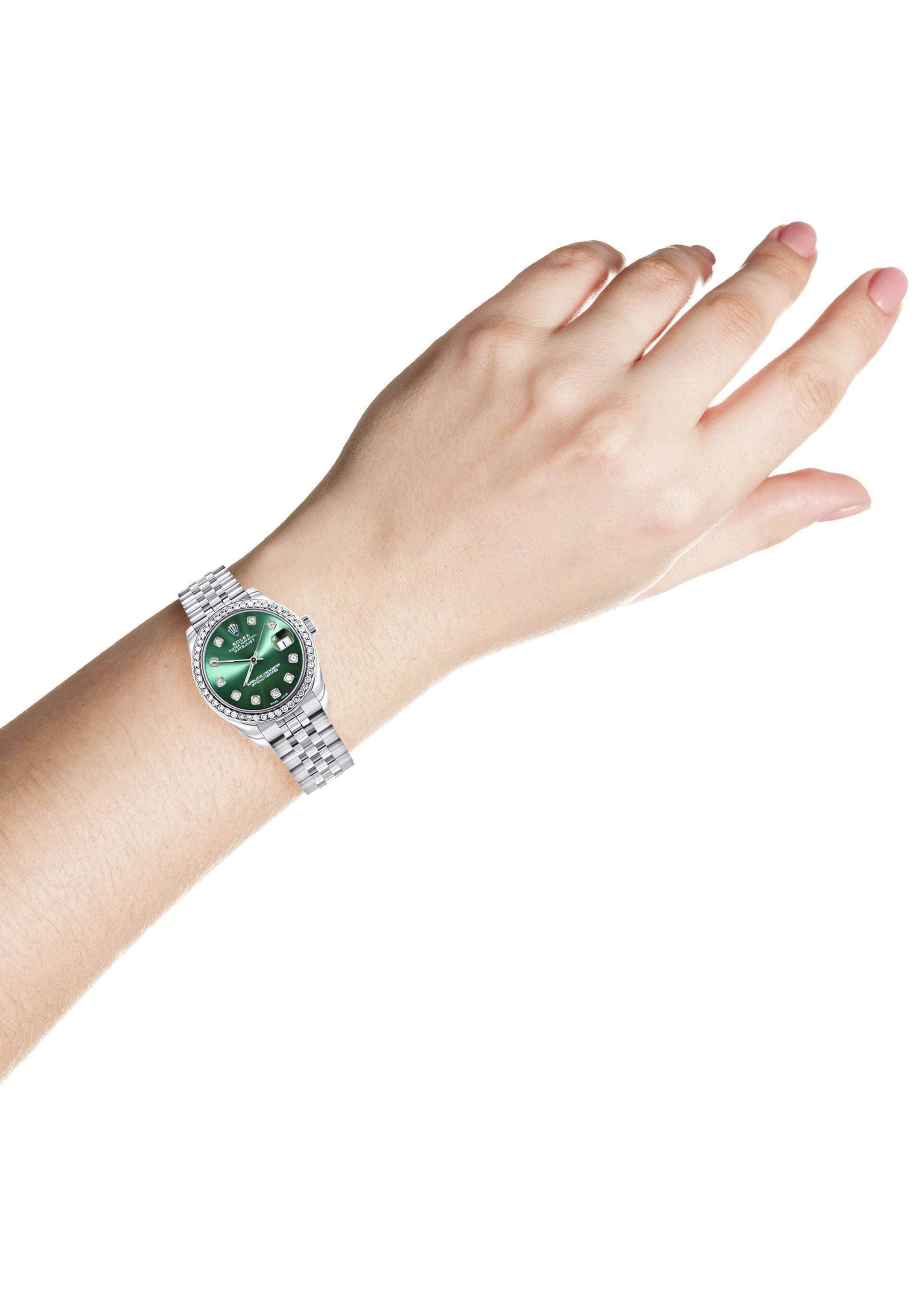 Diamond Rolex Watch | 68274 | Diamond Bezel | 31MM | Green Diamond Dial | Jubilee Band - Image 3