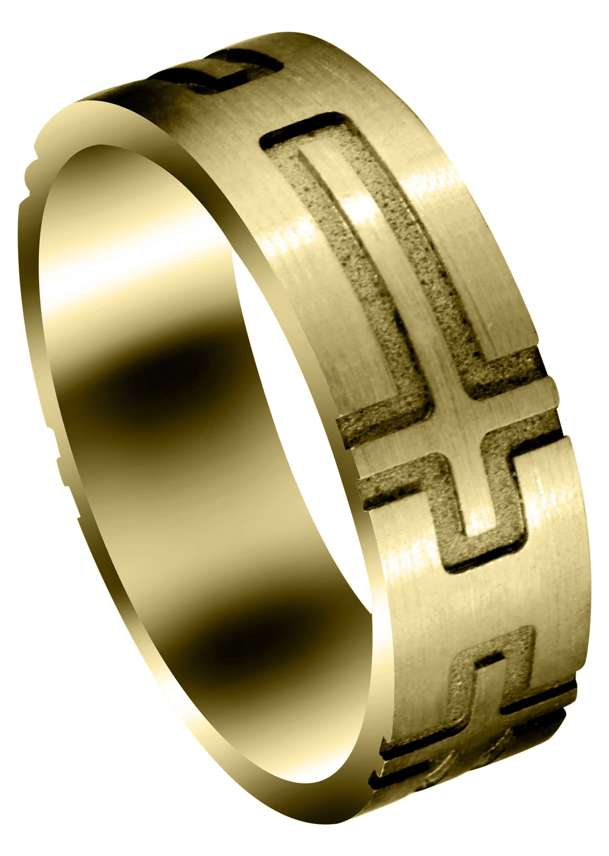 Yellow Gold Fancy Carved Religious Mens Wedding Band | Satin Finish (Jaxon)