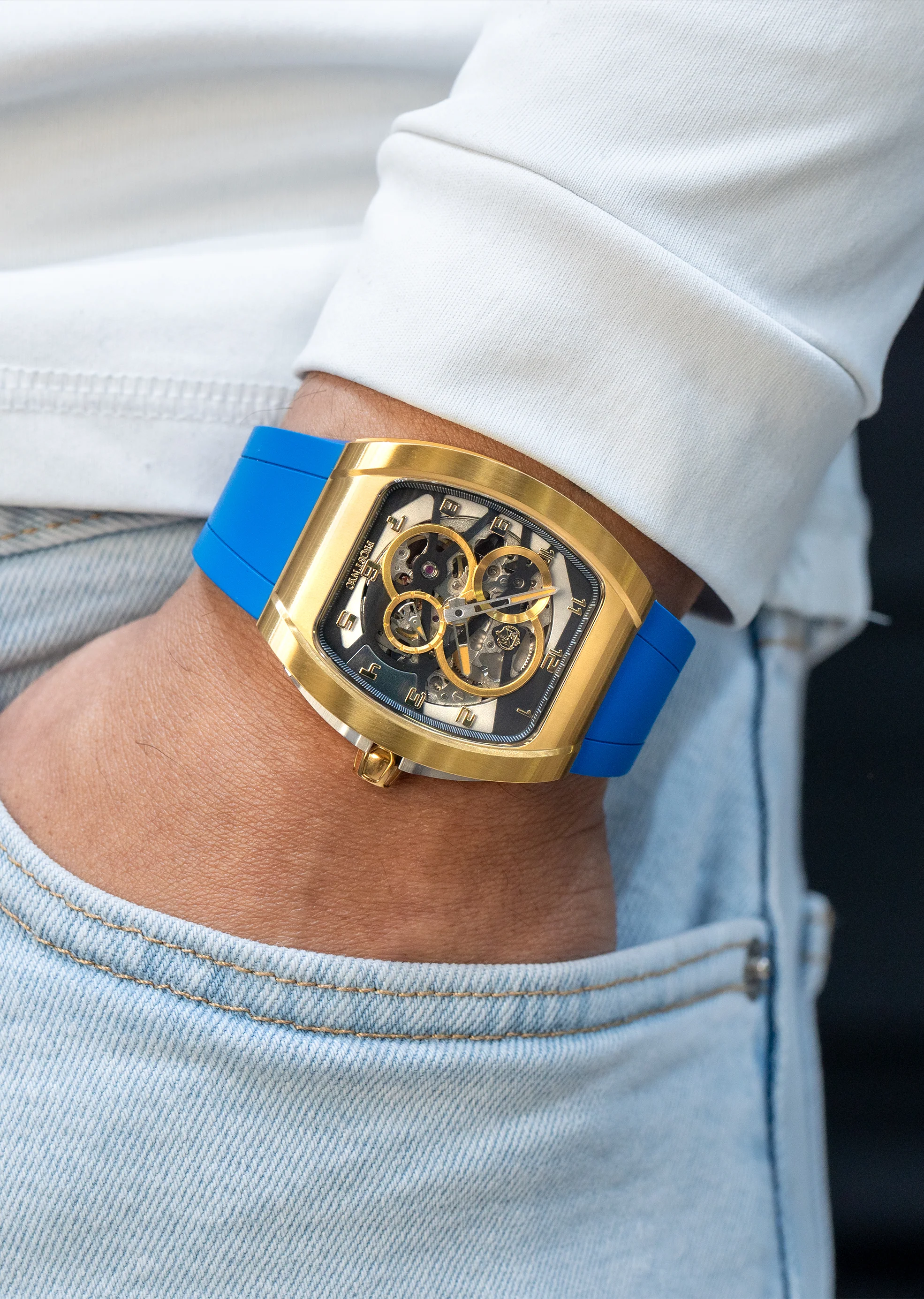 Frost NYC Mens Watch - Automatic  Skeleton Sport Gold Watch | FRST-01-CY| Blue - Image 2