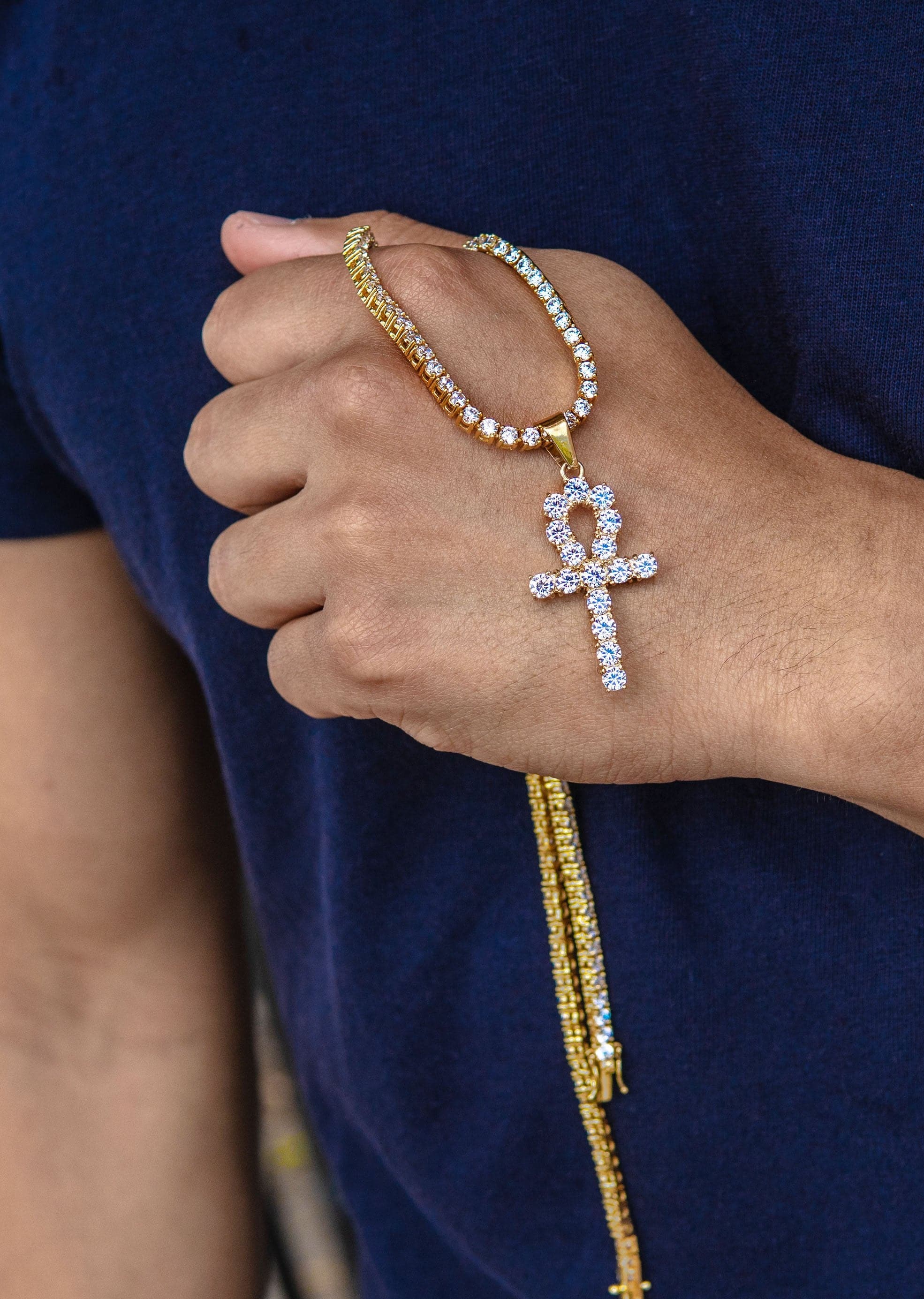 Gold Plated Iced Out Ankh & Tennis Chain ( 3 MM ) - Image 3