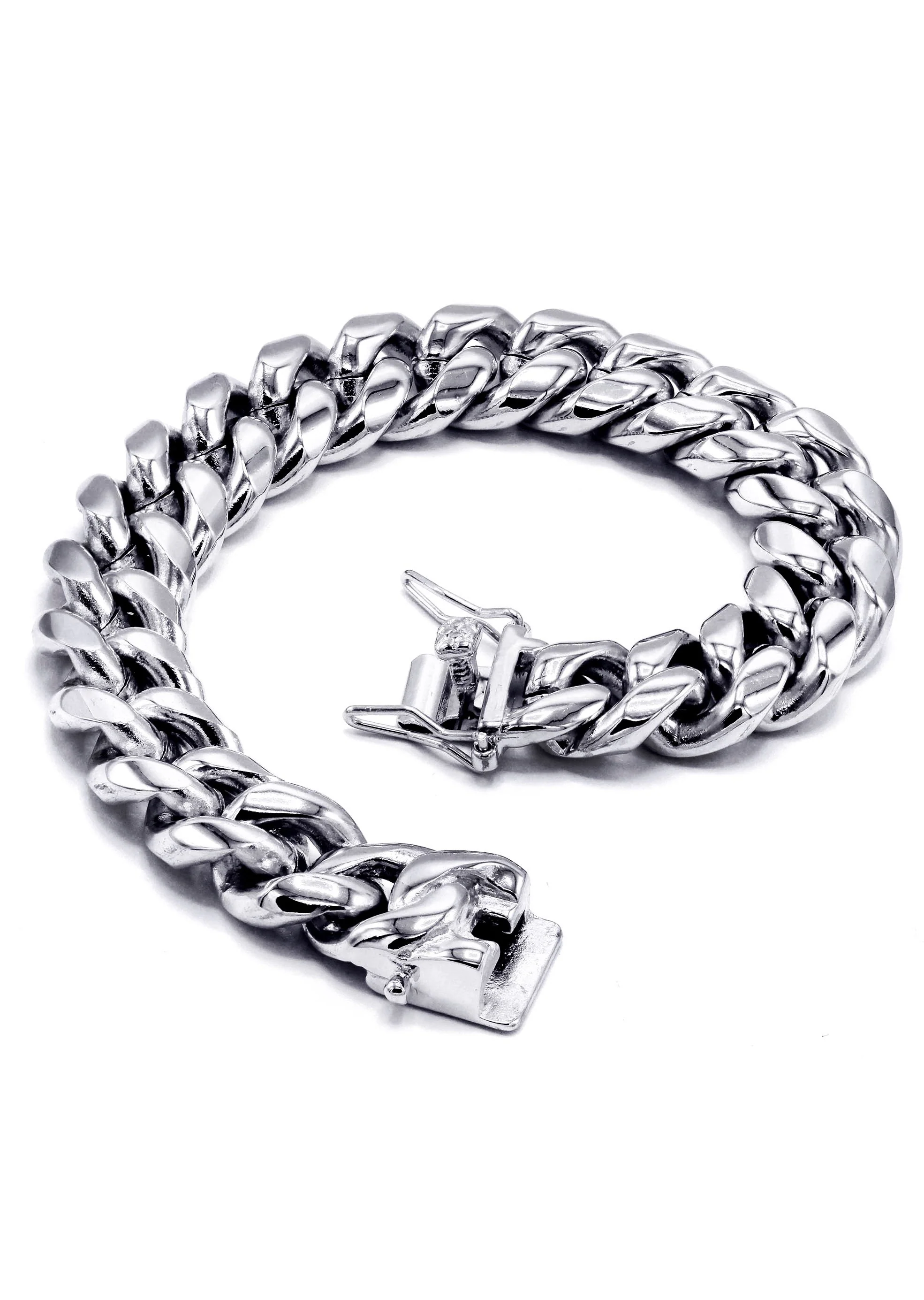 White Gold Plated Mens Solid Miami Cuban Link Bracelet - Image 4