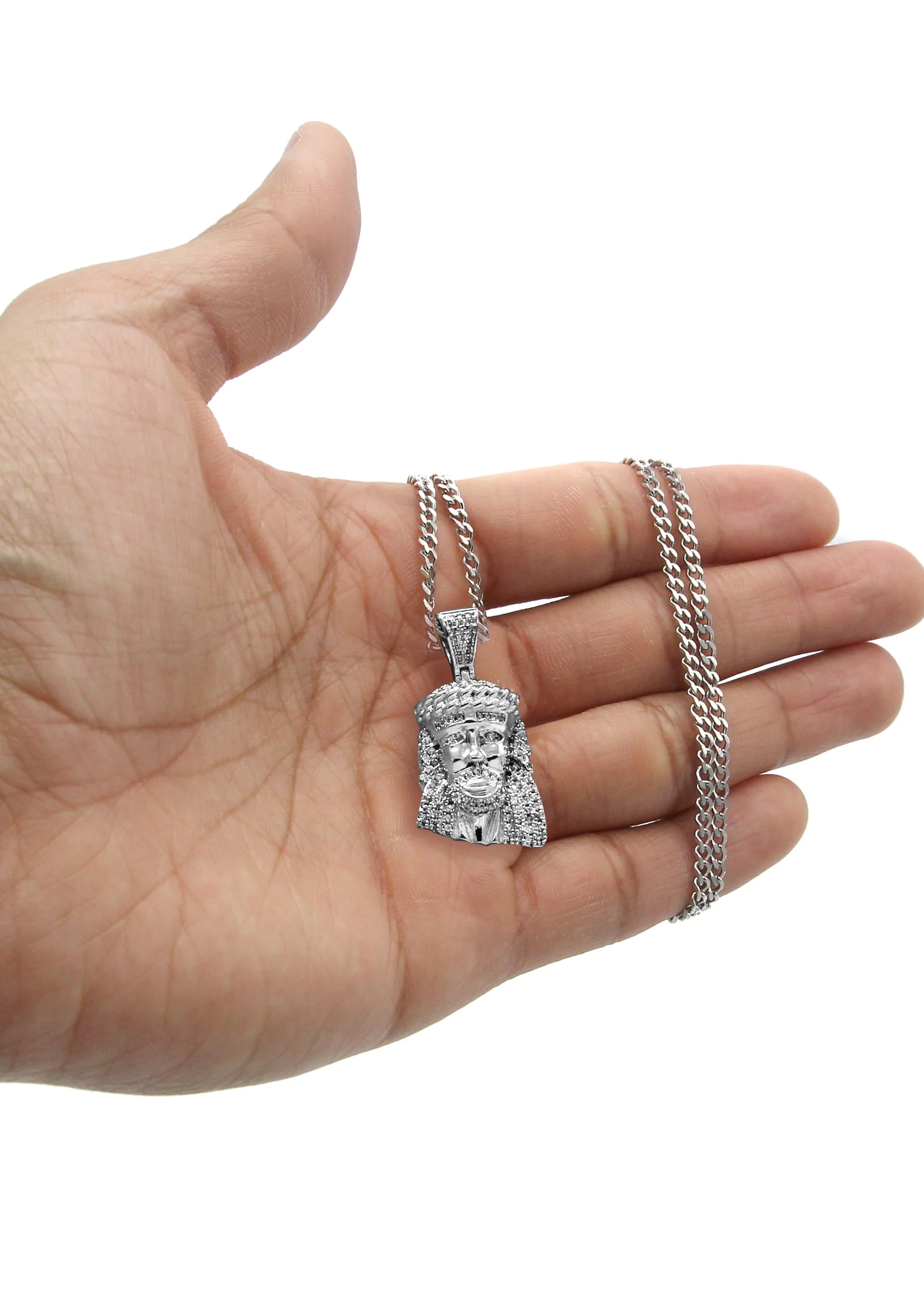 White Gold Plated Cuban Link Chain & Jesus Head Pendant | Appx. 22.7 Grams - Image 5
