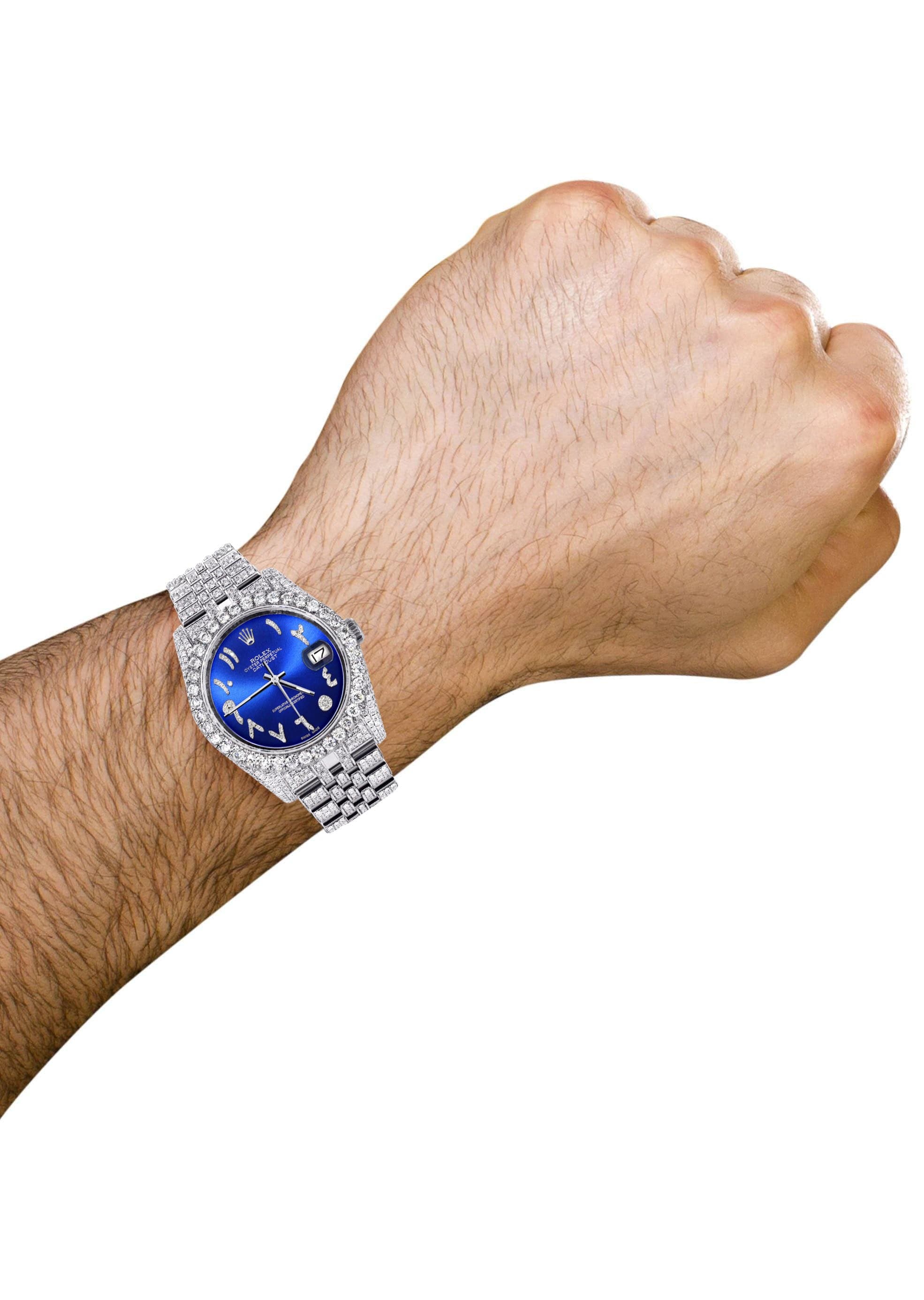 Iced Out Rolex Datejust 36 MM | Stainless Steel | 10 Carats of Diamonds | Blue Arabic Diamond Dial | Jubilee Band - Image 3