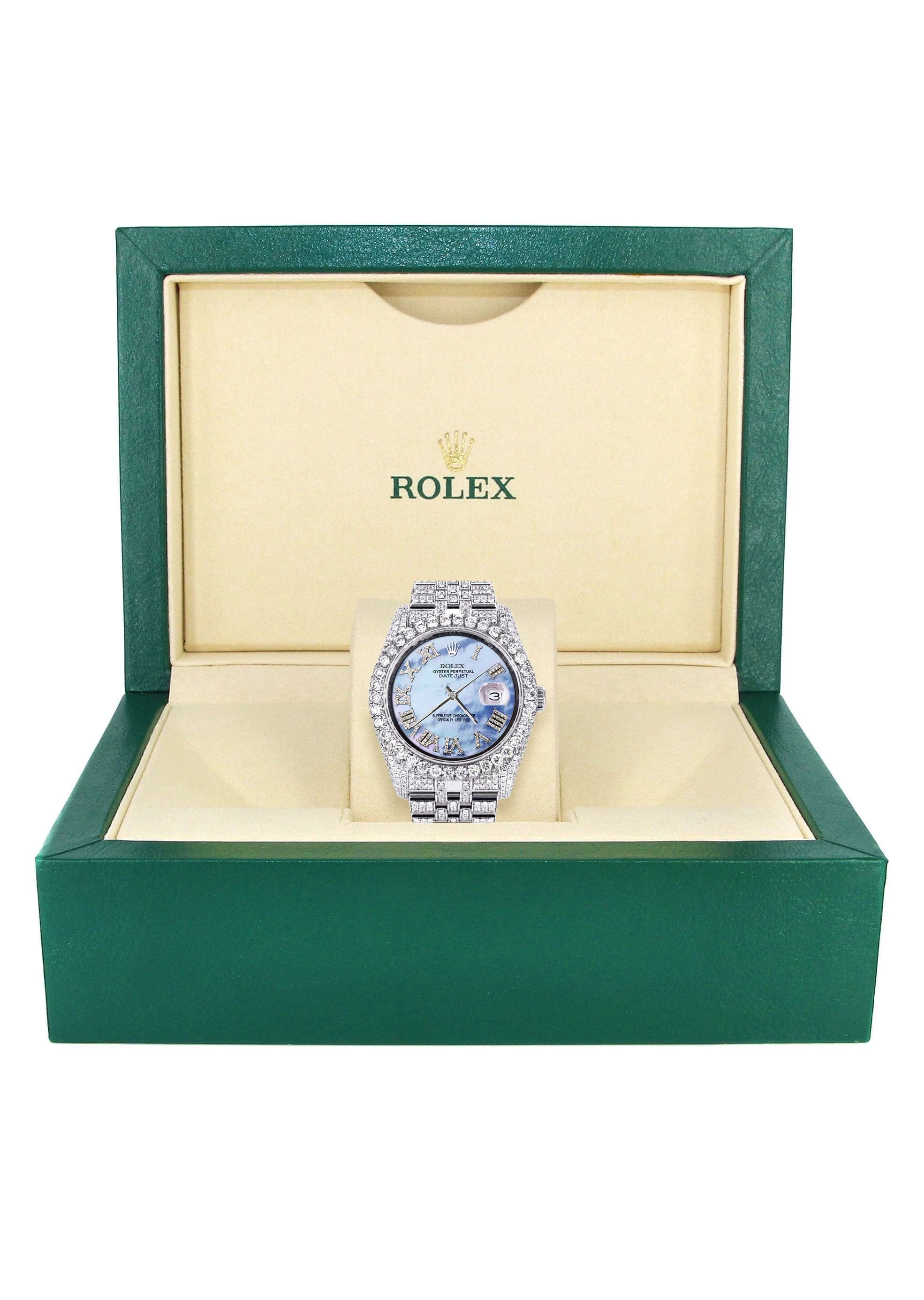 Iced Out Rolex Datejust 36 MM | Stainless Steel | 16.5 Carats of Diamonds | Blue Mother of Pearl Roman Diamond Dial | Jubilee Band | Model 116200 - Image 4