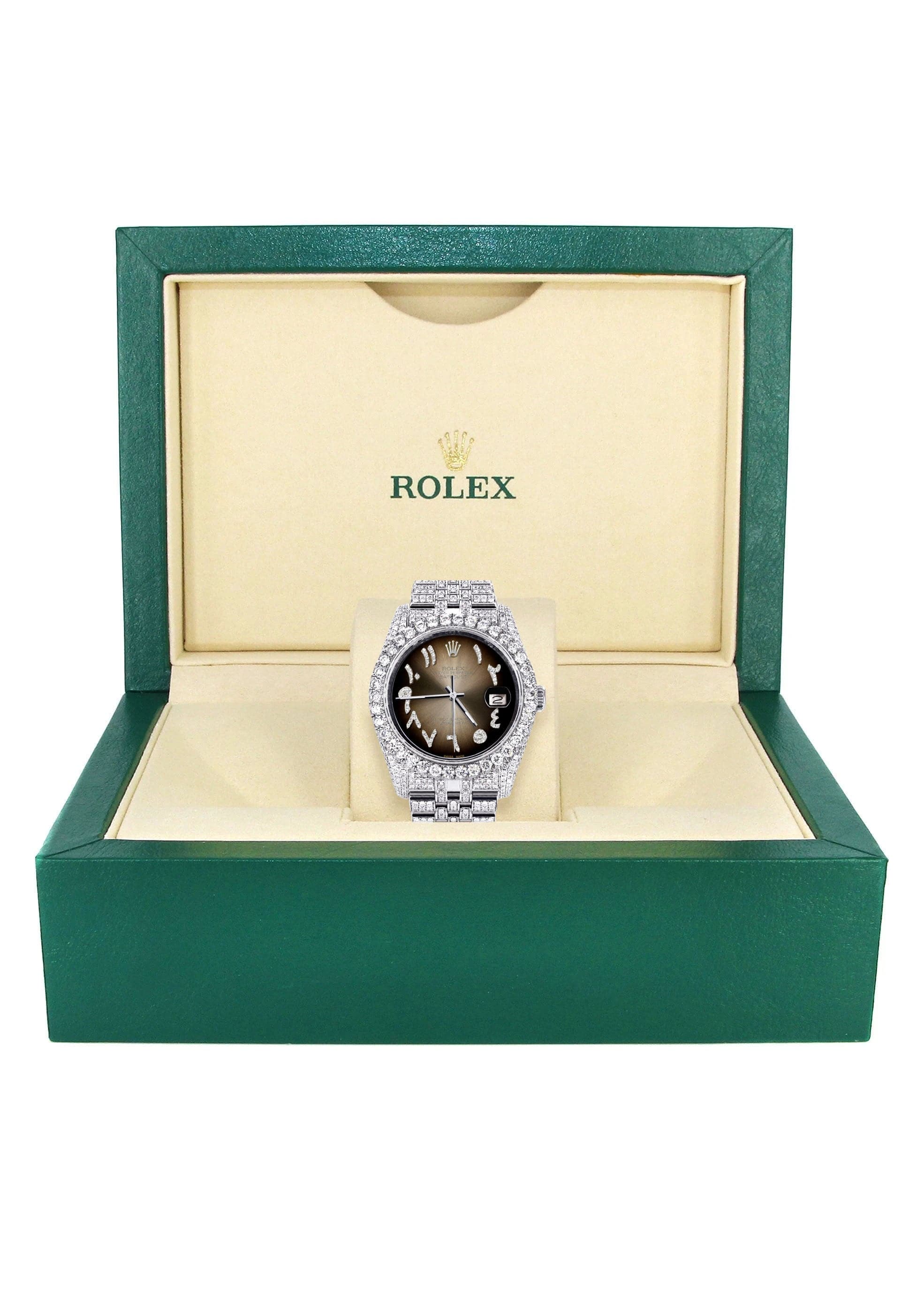 Iced Out Rolex Datejust 36 MM | Stainless Steel | 10 Carats of Diamonds | Brown Arabic Diamond Dial | Jubilee Band - Image 4