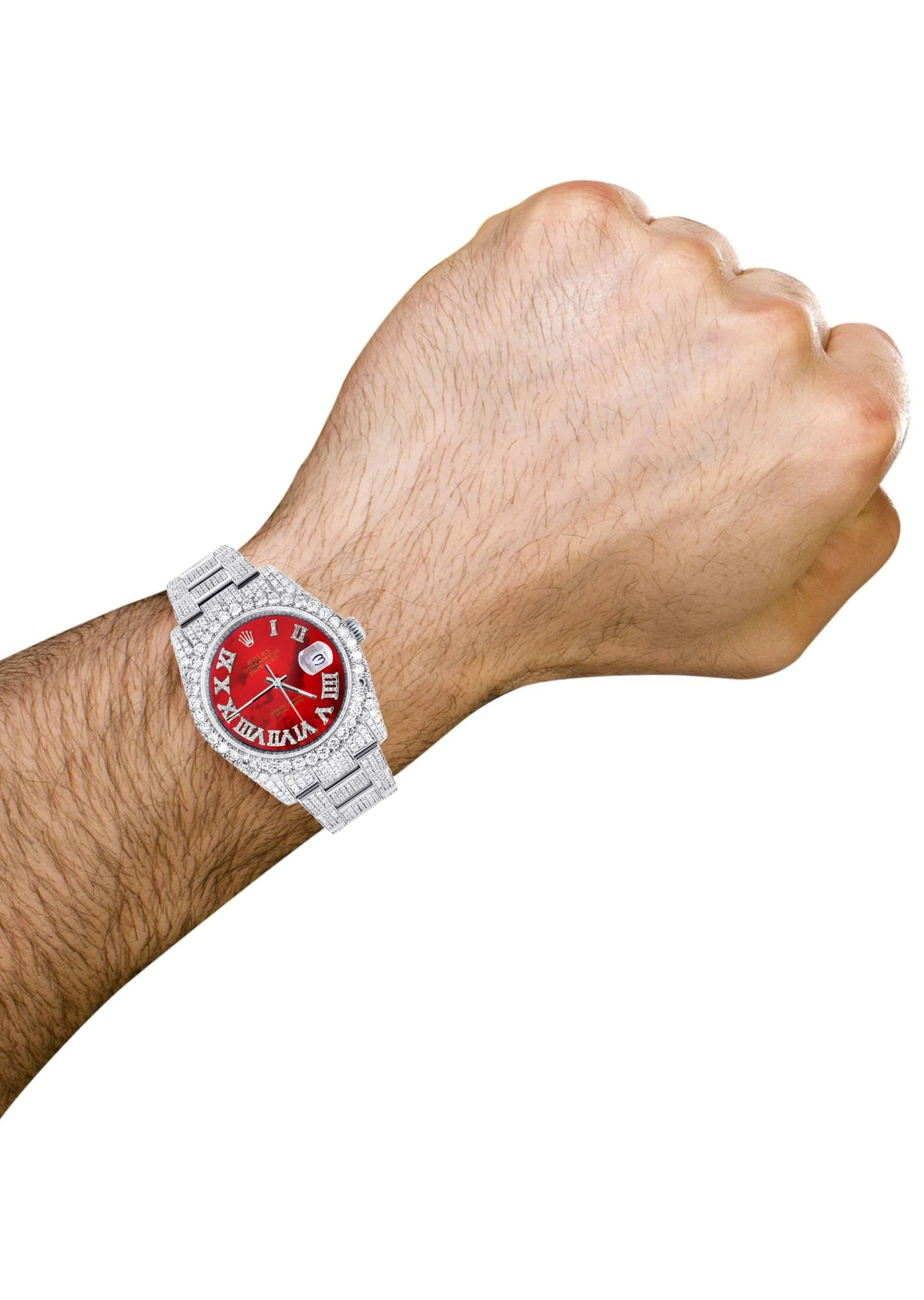 Iced Out Rolex Datejust 36 MM | Stainless Steel | 16.5 Carats of Diamonds | Red Mother of Pearl Roman Diamond Dial | Oyster Band | Model 116200 - Image 3