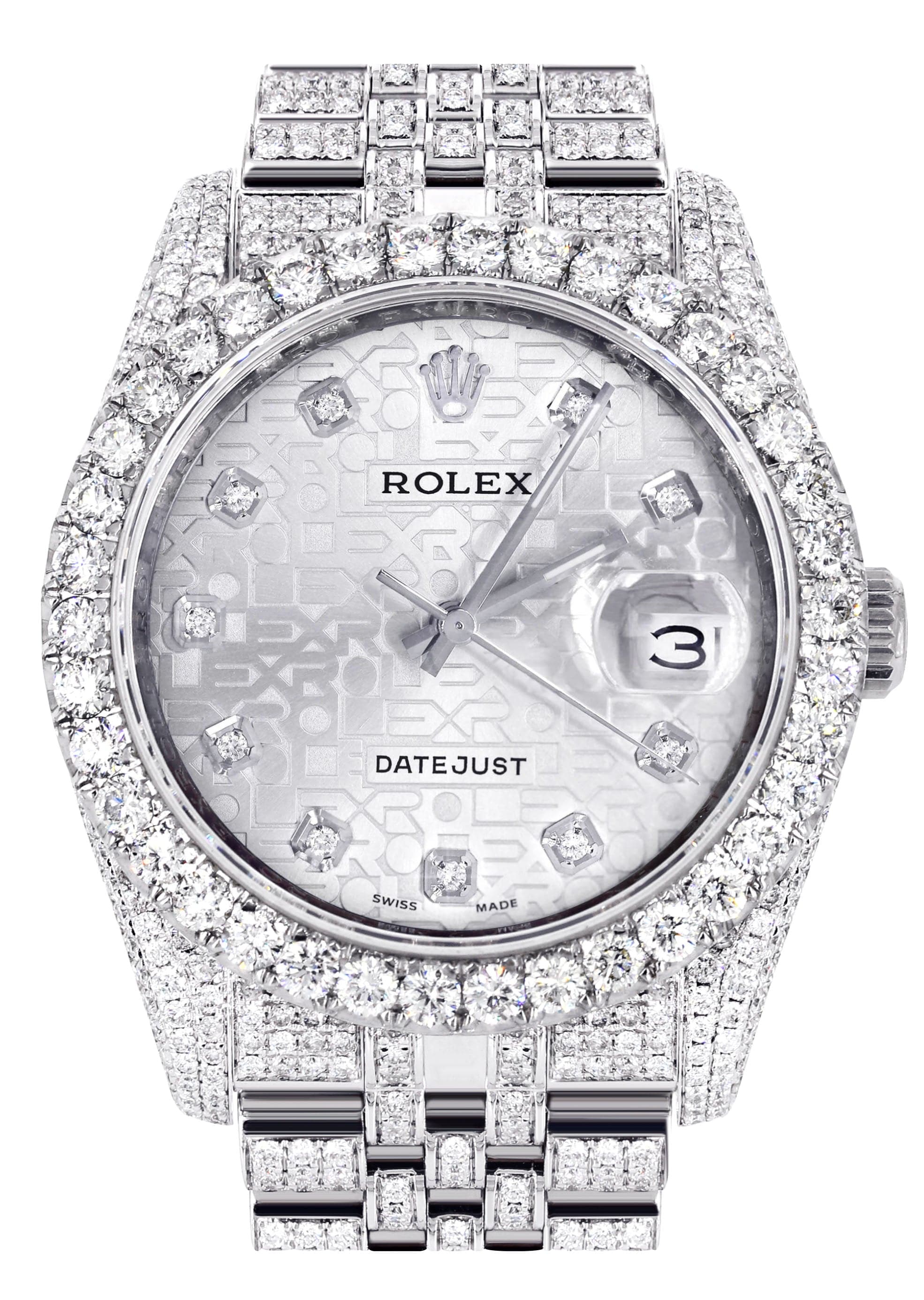 Iced Out Rolex Datejust 36 MM | Stainless Steel | 16.5 Carats of Diamonds | Silver Texture Diamond Dial | Jubilee Band | Model 116200