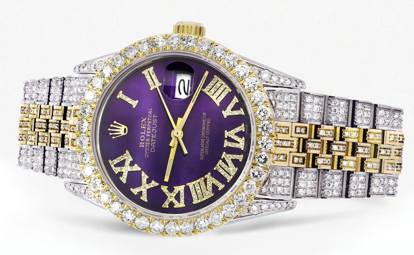 Iced Out Rolex Datejust 36 MM | Two Tone | 10 Carats of Diamonds | Purple Roman Diamond Dial - Image 2