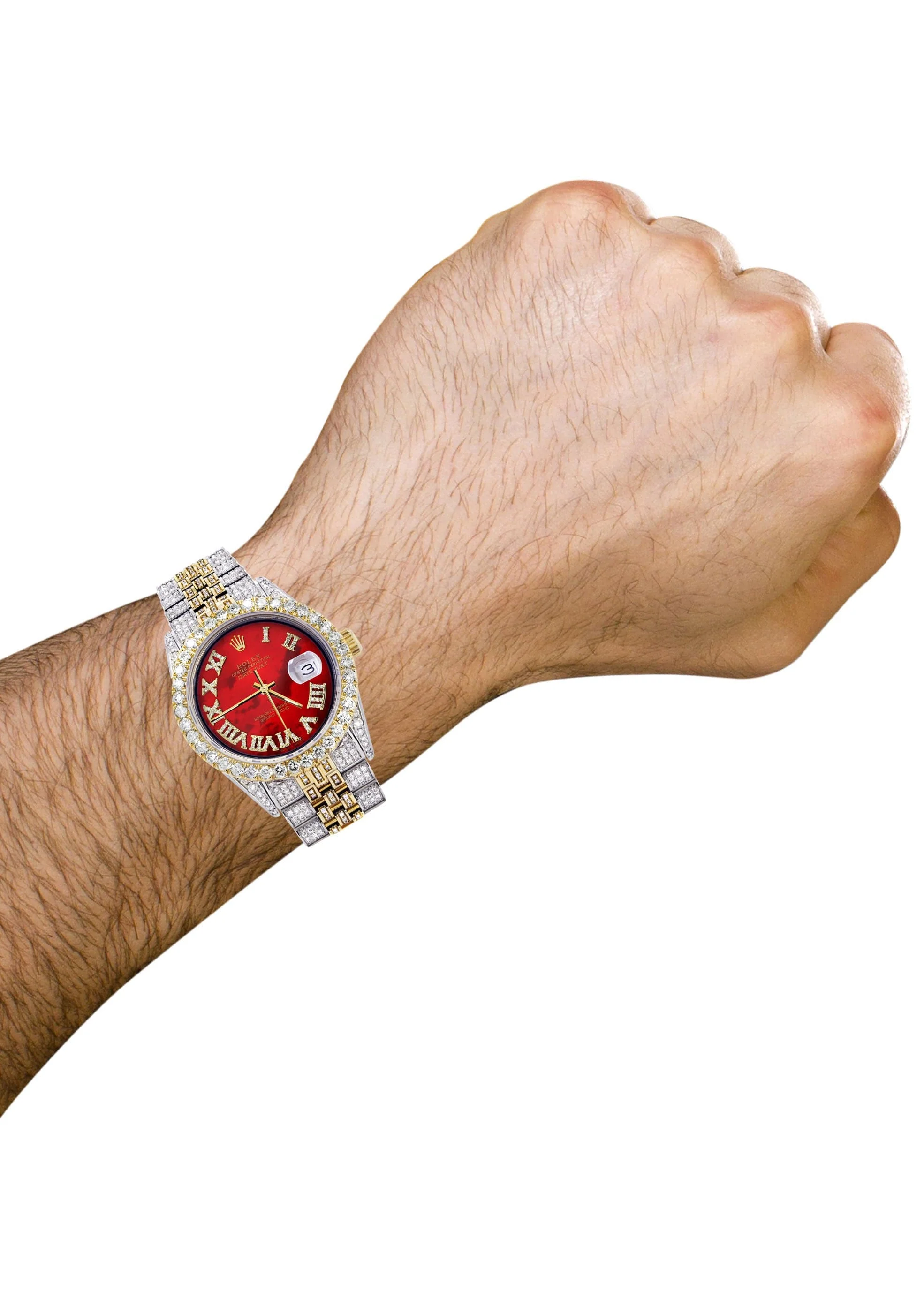 Iced Out Rolex Datejust 36 MM | Two Tone | 10 Carats of Diamonds | Red Mother of Pearl Roman Diamond Dial - Image 3