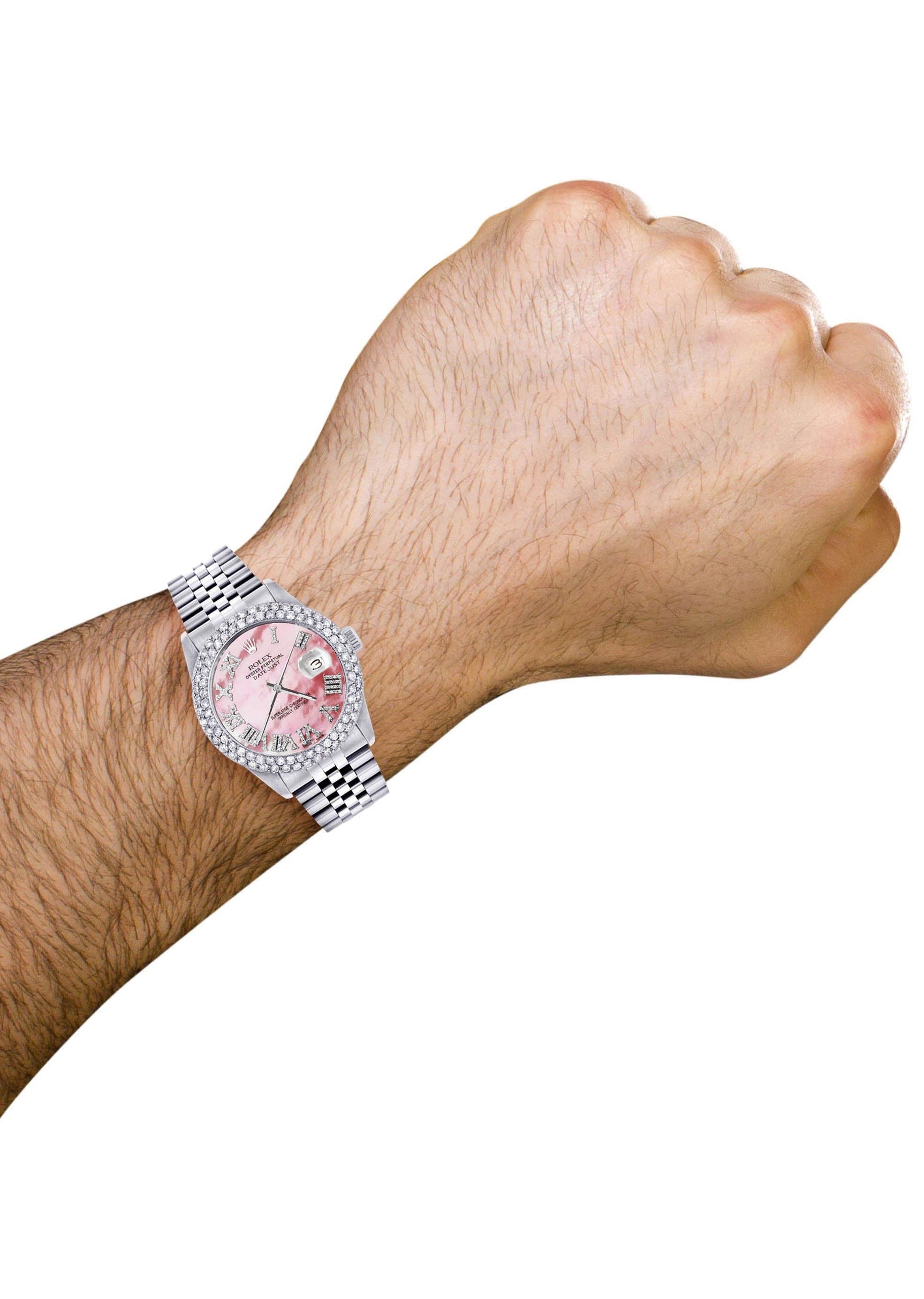Mens Rolex Datejust Watch 16200 | 36Mm | Rose Mother of Pearl Roman Numeral Dial | Two Row 4.25 Carat Bezel | Jubilee Band - Image 3