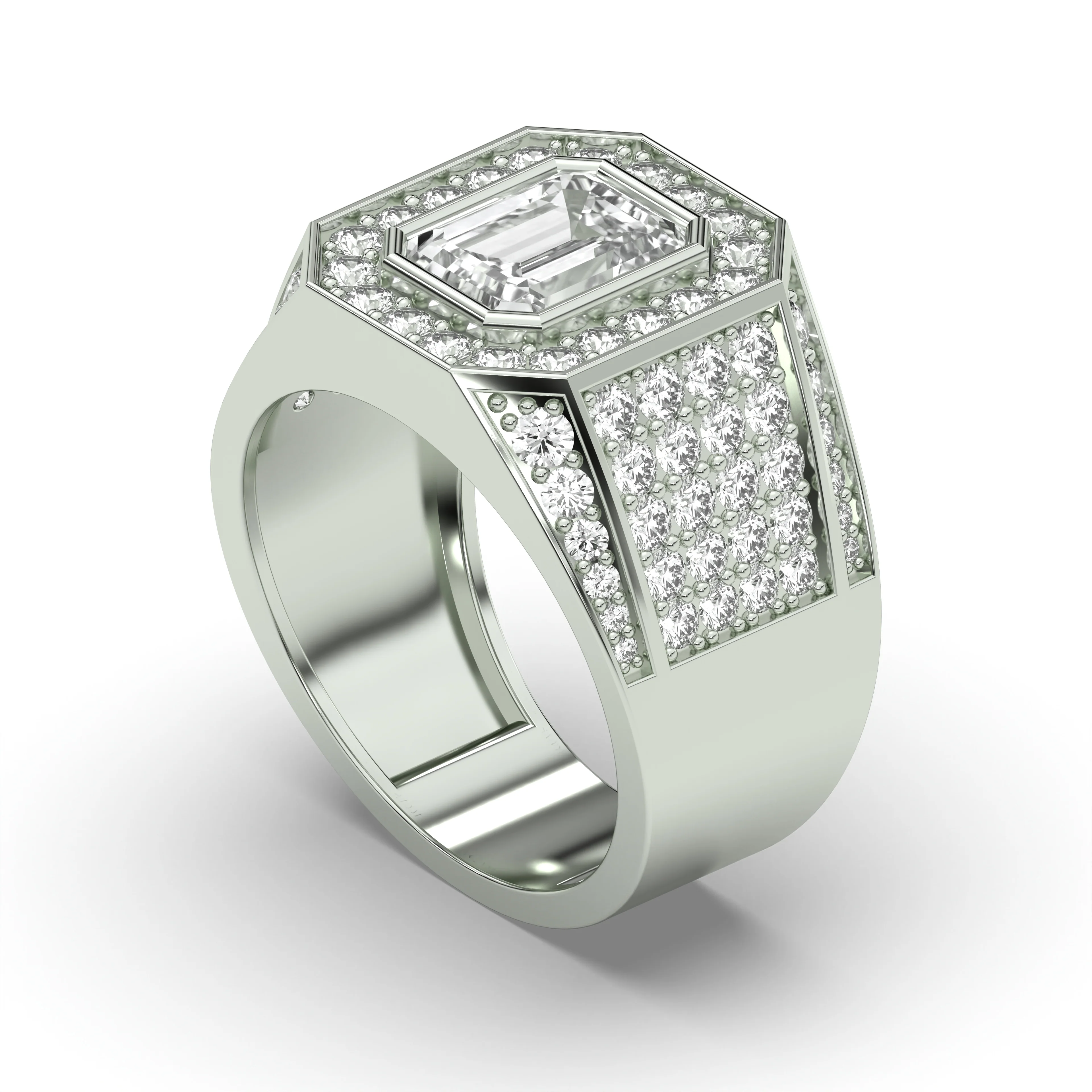 Men's Jewelry - Men's VVS Lab Diamond Ring | Emerald Cut and Round Halo | White Gold - Image 4