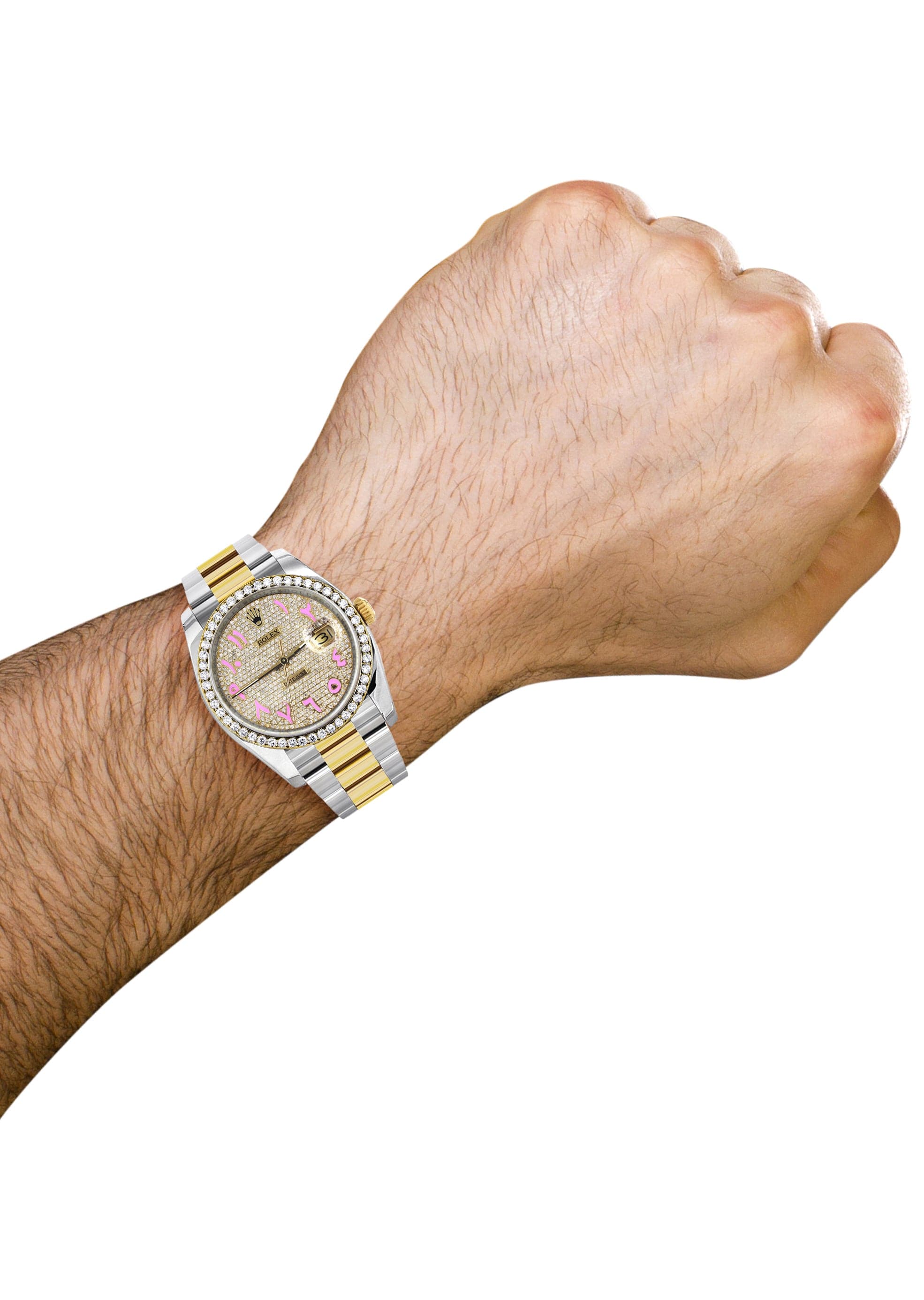 116233 | Diamond Gold Rolex Watch For Men | 36MM | Pink Arabic Diamond Dial | Oyster Band - Image 2