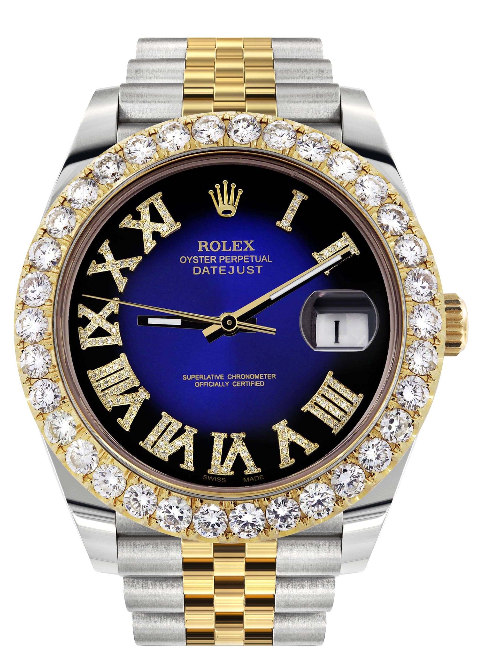 Rolex Datejust 41 Watch | 41 MM | 18K Yellow Gold & Stainless Steel | Custom Blue Black Roman Dial | Jubilee Band