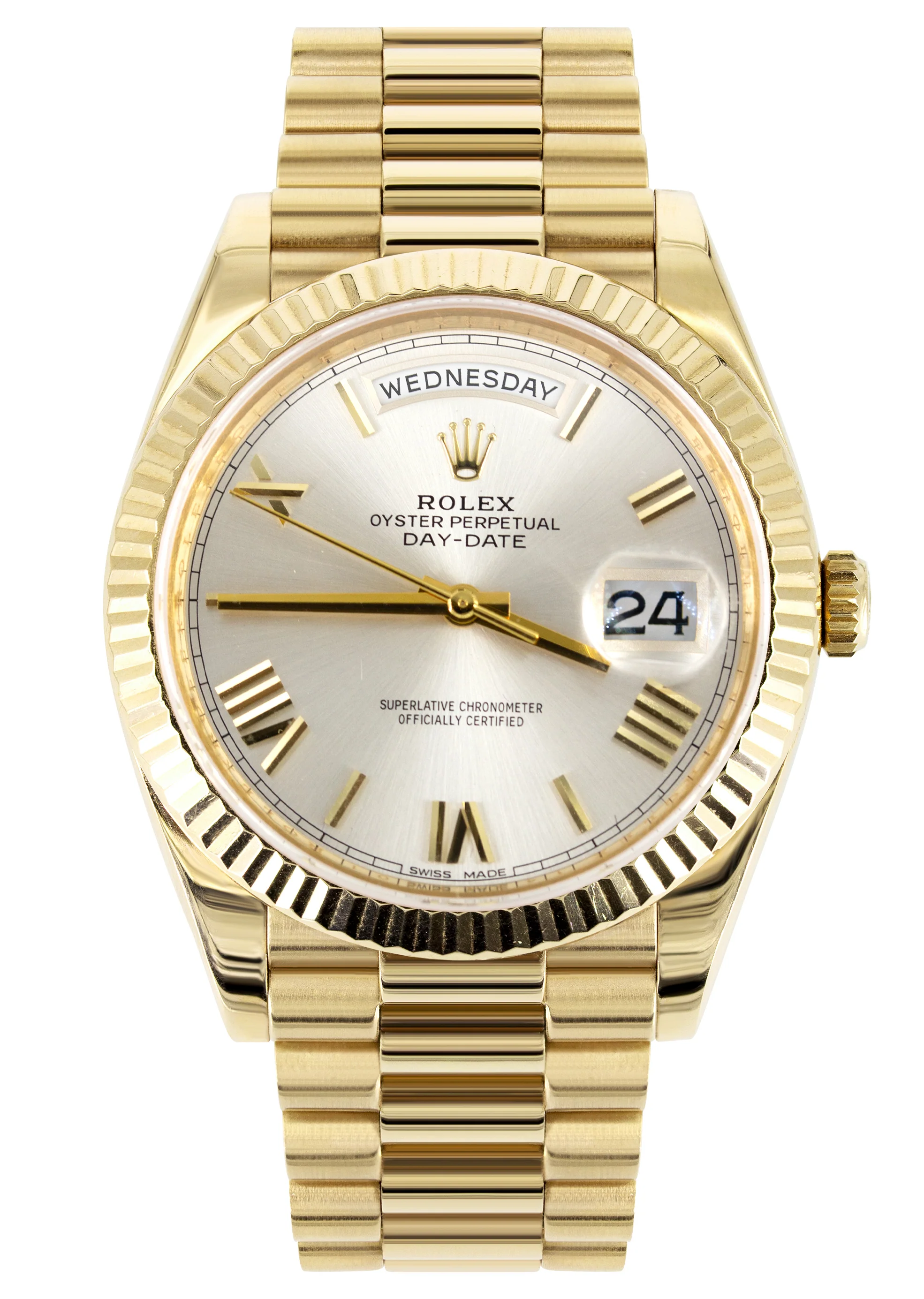 Rolex Day-Date 40 Presidential | 18k Yellow Gold 228238| Silver Roman Dial | Fluted Bezel