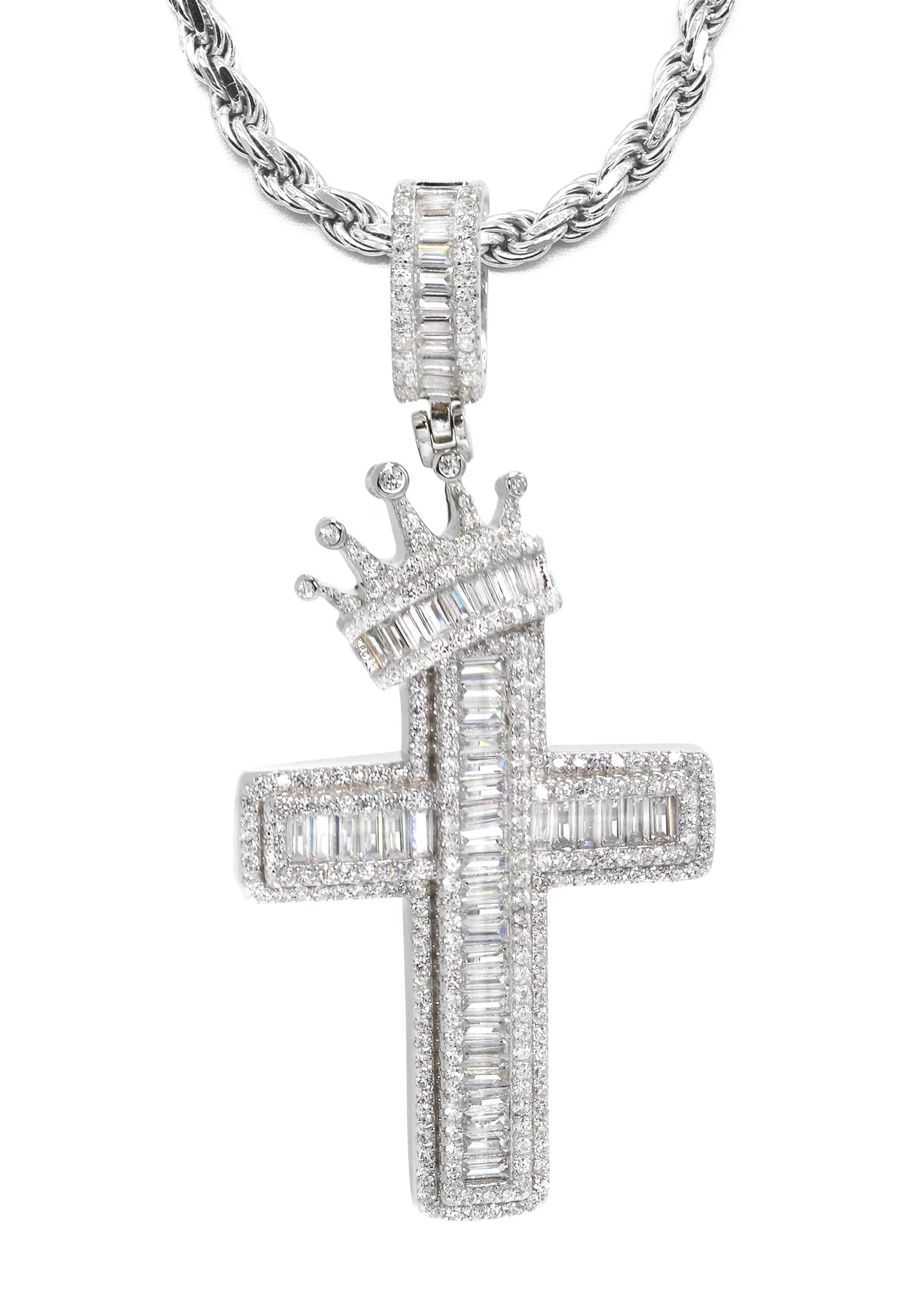 Silver Crown Cross Baguette Necklace | 33 Grams - Image 2