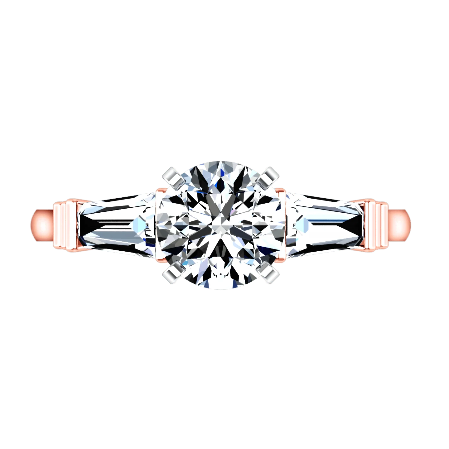 Three Stone Diamond EngagementRing Structural Tapered Baguette 14K Rose Gold - Image 4