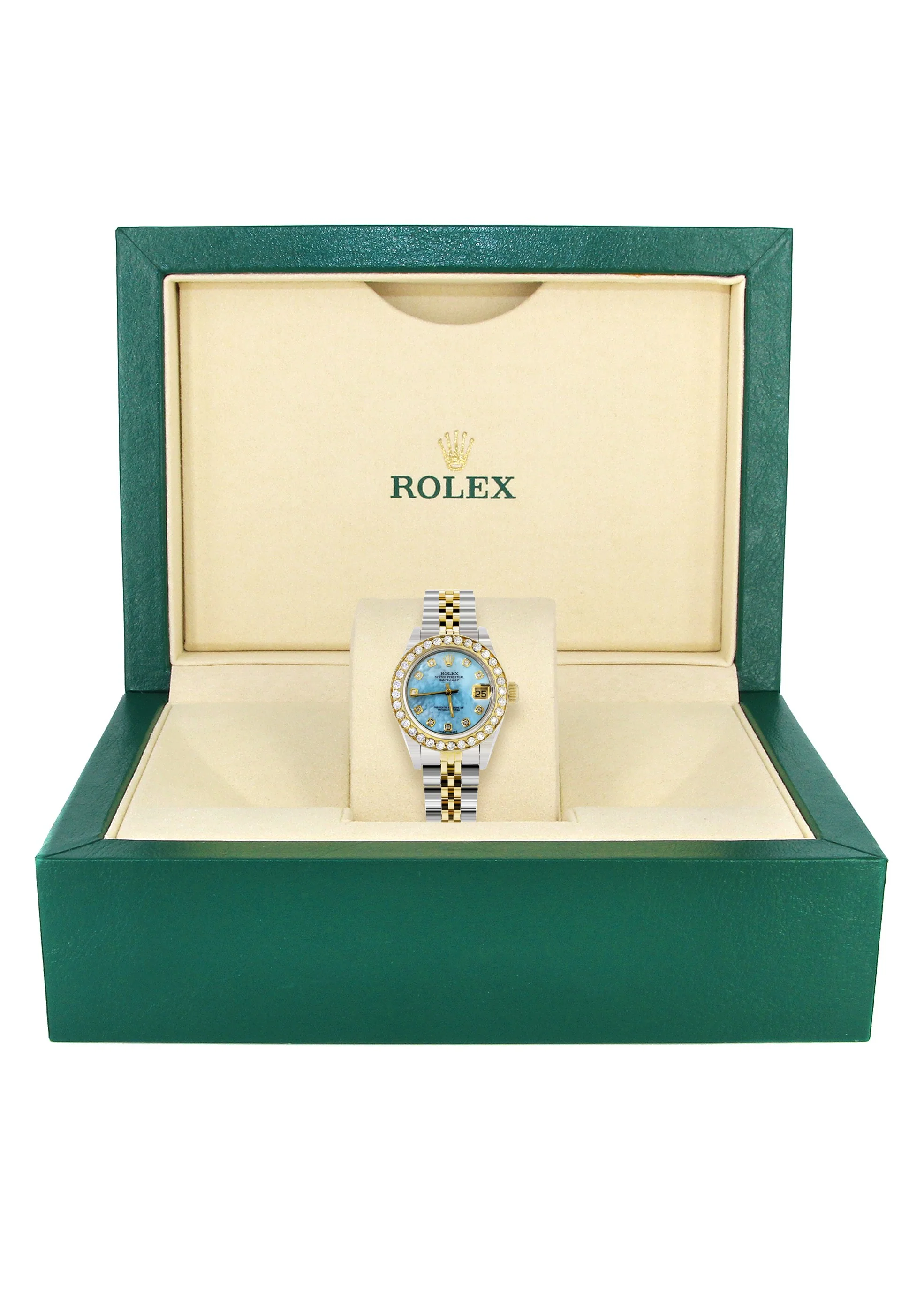 Womens Diamond Gold Rolex Watch | 1 Carat Bezel | 26Mm | Blue Pearl Dial | Jubilee Band - Image 6