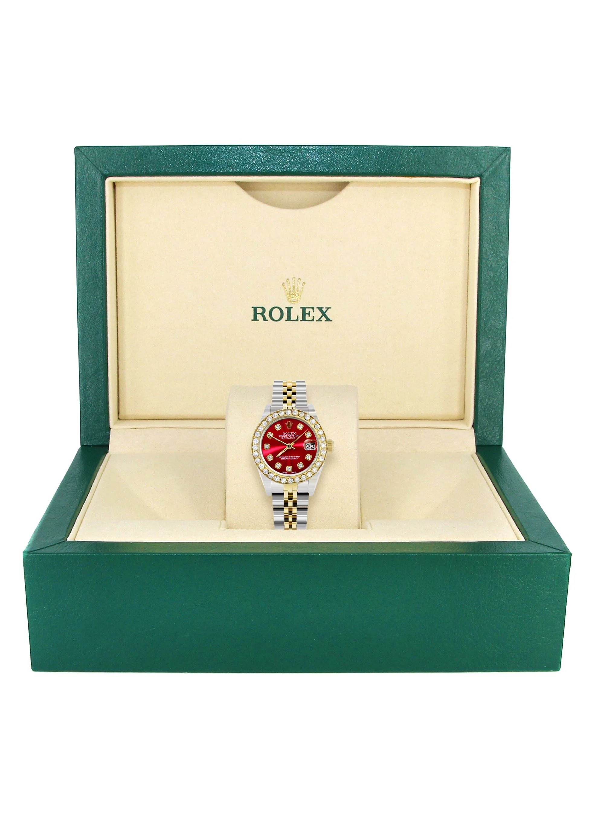 Womens Diamond Gold Rolex Watch | 1 Carat Bezel | 26Mm | Red Diamond Dial | Jubilee Band - Image 4