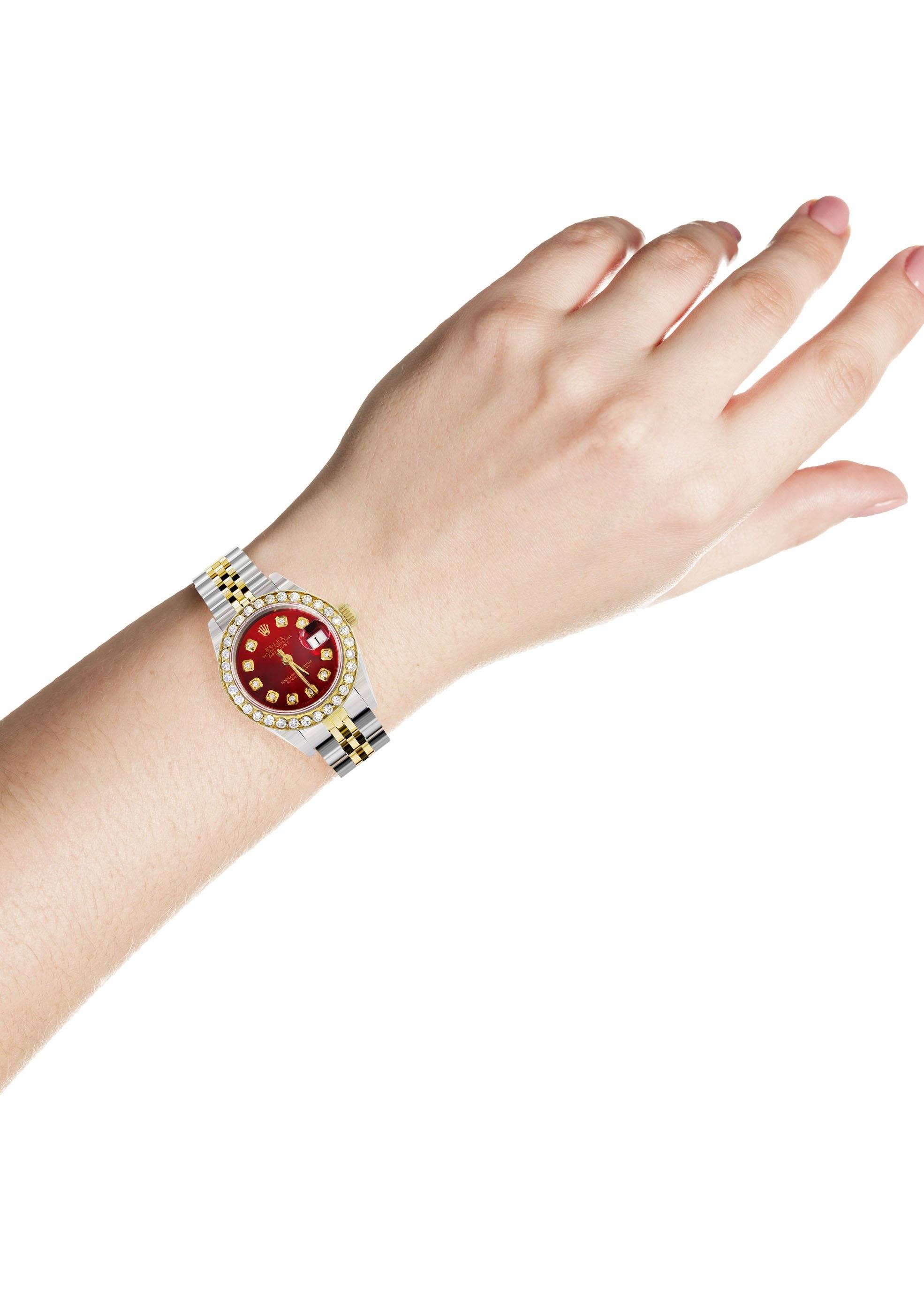 Womens Diamond Gold Rolex Watch | 1 Carat Bezel | 26Mm | Red Pearl Dial | Jubilee Band - Image 3