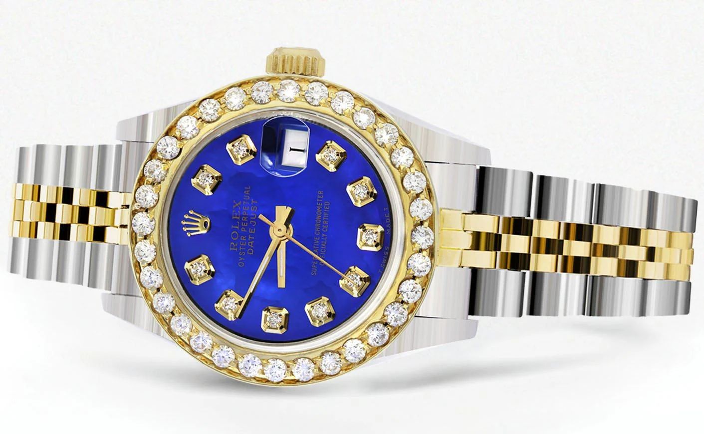 Womens Diamond Gold Rolex Watch | 1 Carat Bezel | 26Mm | Royal Blue Pearl Dial | Jubilee Band - Image 3