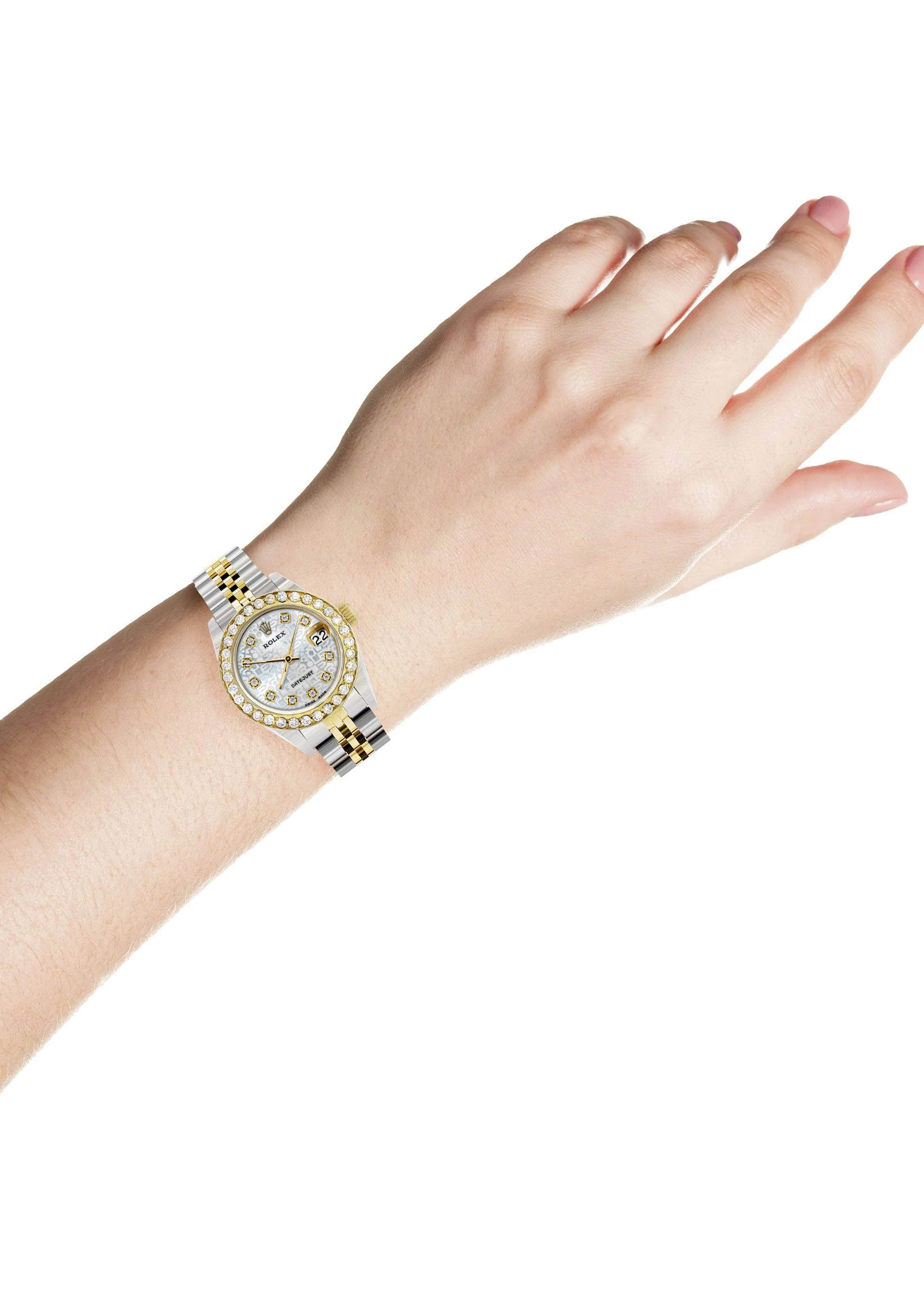 Womens Diamond Gold Rolex Watch | 1 Carat Bezel | 26Mm | Texture Diamond Dial | Jubilee Band - Image 2