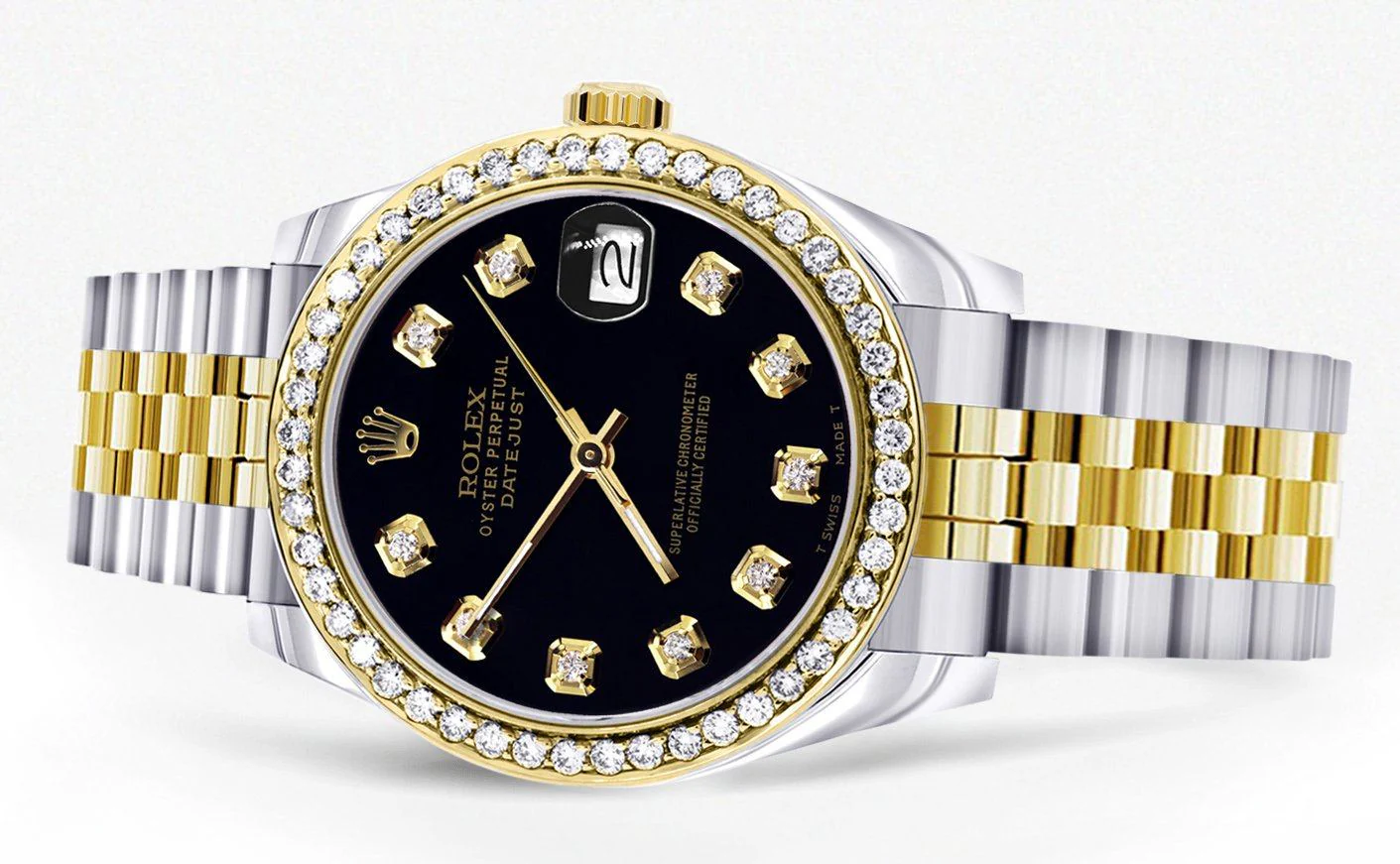 Womens Diamond Gold Rolex Watch | Diamond Bezel | 31MM | Black Diamond Dial | Jubilee Band - Image 2