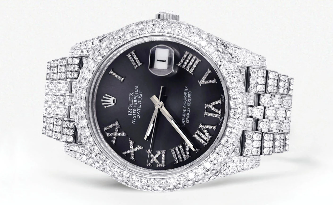 Womens Diamond Iced Out Rolex Datejust 41 | 25 Carats Of Diamonds | Custom Grey Roman Numeral Diamond Dial | Two Row | Jubilee Band - Image 2
