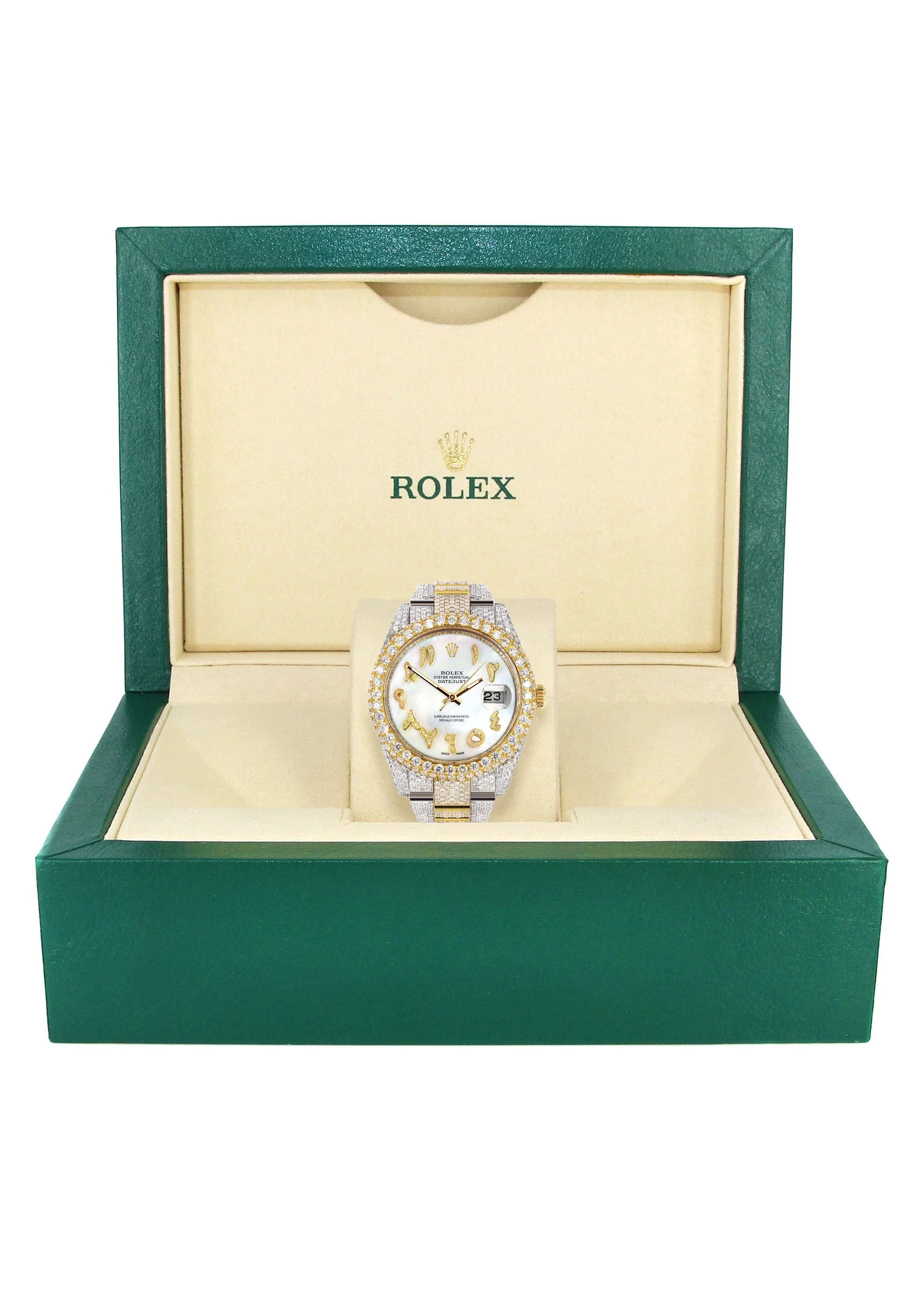 Womens Diamond Iced Out Rolex Datejust 41 | 25 Carats Of Diamonds | Custom Mother of Pearl Arabic Numeral Diamond Dial | Two Tone | Two Row | Oyster Band - Image 5