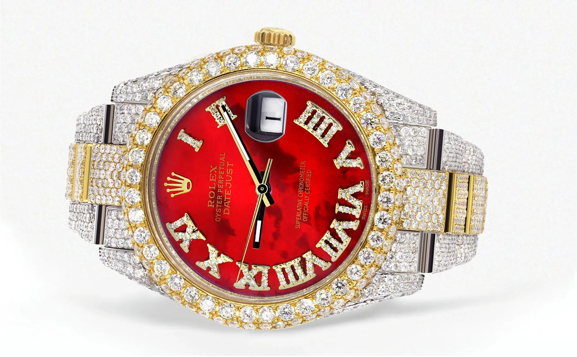 Womens Diamond Iced Out Rolex Datejust 41 | 25 Carats Of Diamonds | Custom Red Mother of Pearl Roman Numeral Diamond Dial | Two Tone | Two Row | Oyster Band - Image 2
