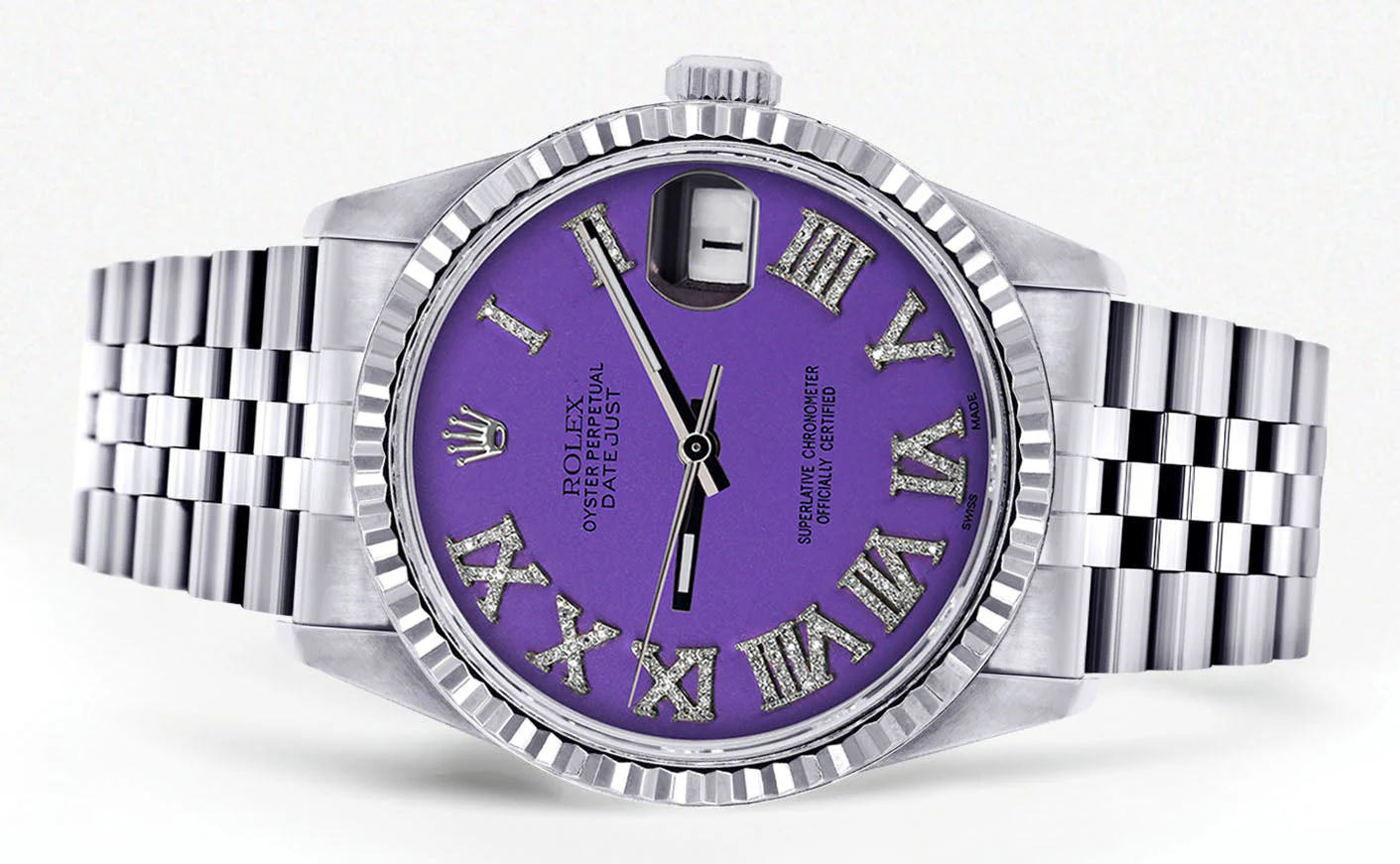 Womens Rolex Datejust Watch 16200  | 36Mm | Purple Roman Numeral Dial | Fluted Bezel | Jubilee Band - Image 2